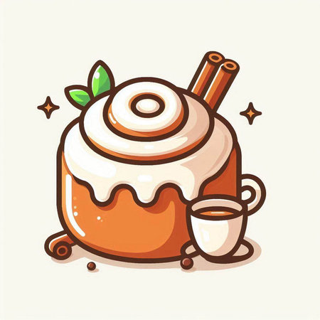 Cinnamon roll with cup of coffee. Cute vector illustration.のイラスト素材