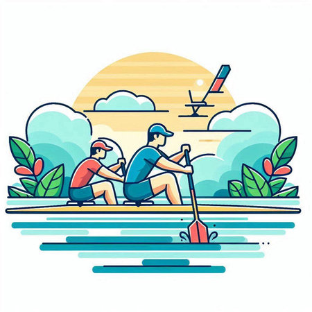 Two men rowing on the river. Vector illustration in flat styleのイラスト素材