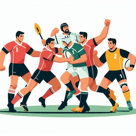 Rugby players in action, vector illustration. Team of rugby players.のイラスト素材