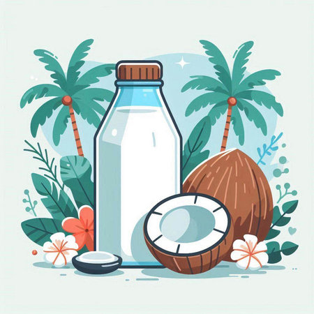 Coconut milk in a glass bottle, palm leaves and flowers. Vector illustration.のイラスト素材