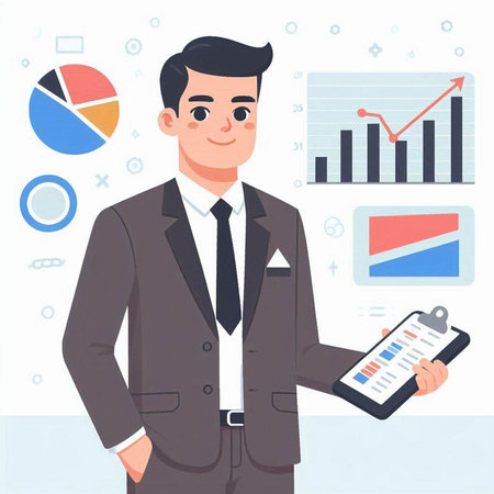 Businessman holding clipboard with graphs and charts. Vector illustration in flat styleのイラスト素材