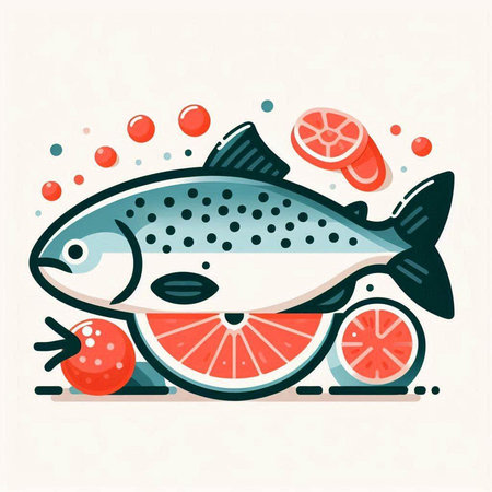 Vector illustration of a fresh salmon with lemon and grapefruit on a white background.のイラスト素材