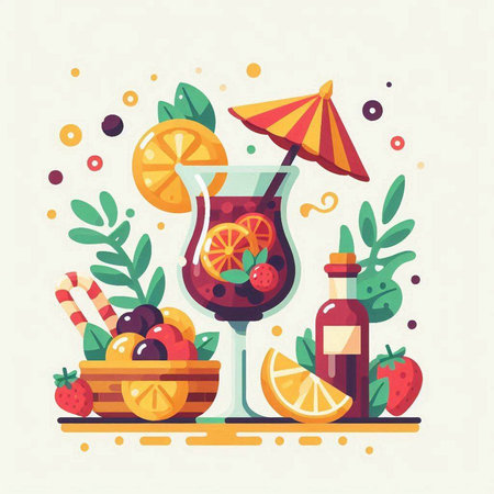 Cocktail with fruits and berries. Flat style vector illustration.のイラスト素材