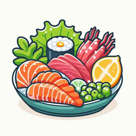 Illustration of Japanese cuisine. Sashimi, salmon, tuna, shrimp, rice, seaweed, avocado, lettuce, lemon.のイラスト素材