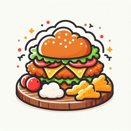 Vector illustration of a hamburger on a wooden plate. Flat style.のイラスト素材