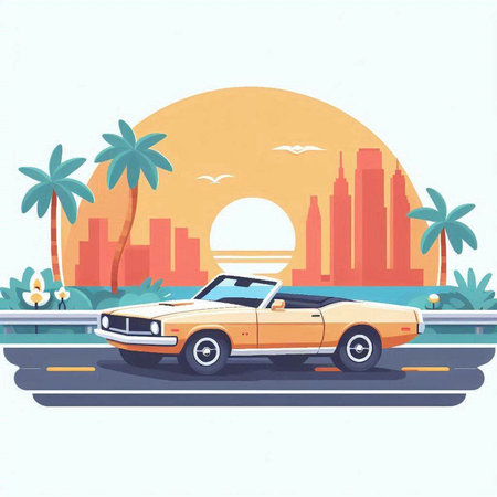 Retro car on the road with palm tree and sunset. Vector illustrationのイラスト素材