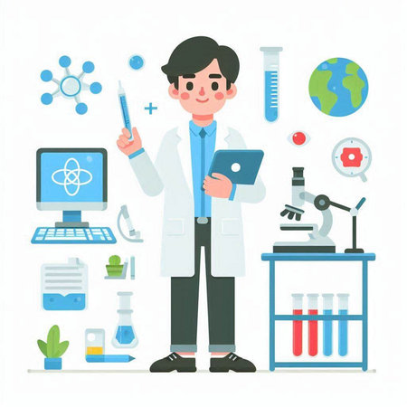 Scientist with equipment. Vector illustration in flat style on white background.のイラスト素材