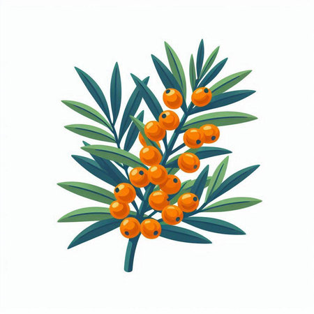 Sea buckthorn branch with berries and leaves. Vector illustration.のイラスト素材
