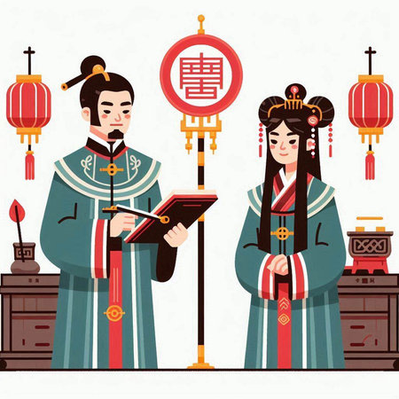 Vector illustration of a couple in Korean traditional clothes reading a book.のイラスト素材