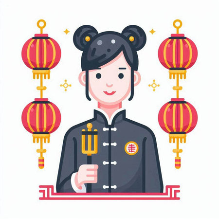 Chinese New Year boy with lanterns. Vector illustration in flat style.のイラスト素材