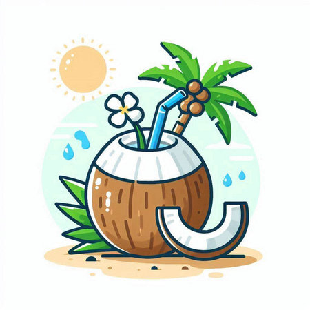 Coconut cocktail on the beach. Vector illustration in cartoon style.のイラスト素材