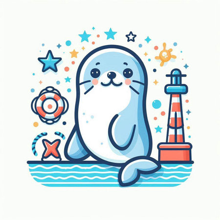 Cute seal with star and lighthouse. Vector illustration in cartoon style.のイラスト素材