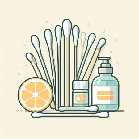Vector illustration of cotton swabs, cotton swabs, cotton swabs, cotton buds, cream, shampoo and orange.のイラスト素材