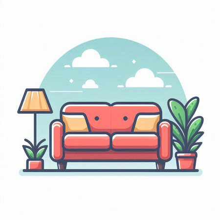 Living room with sofa, lamp and plants. Flat style vector illustration.のイラスト素材