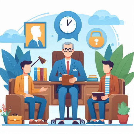 Business people sitting at the table in office. Teamwork, cooperation, brainstorming. Flat vector illustration.のイラスト素材