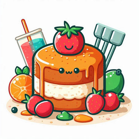 Cute cartoon cake with fruits on white background. Vector illustration.のイラスト素材