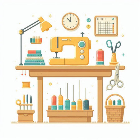 Sewing workshop. Sewing machine, tools and accessories. Vector illustrationのイラスト素材