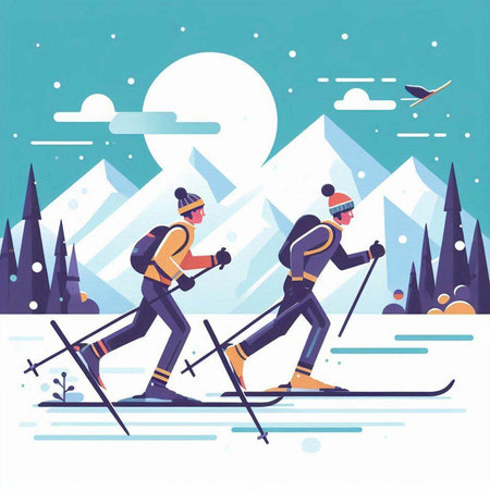 Cross-country skiing in the mountains. Vector illustration in flat styleのイラスト素材