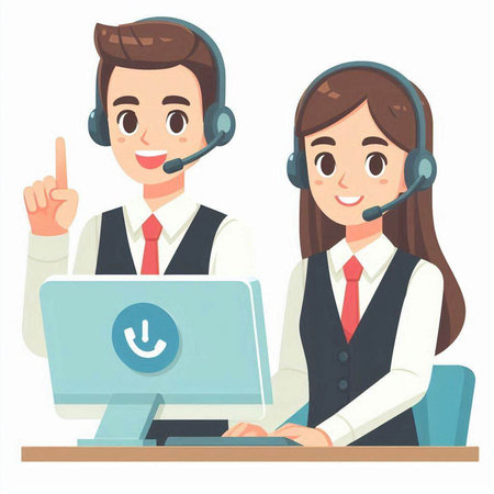 Call center operator with headset and customer service worker. Vector illustration.のイラスト素材