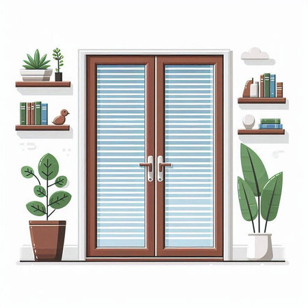 Wooden door with shelves and plants in pots. Vector illustration.のイラスト素材