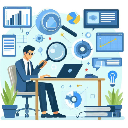 Businessman sitting at desk with laptop and magnifying glass. Flat style vector illustration.のイラスト素材
