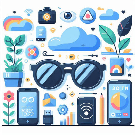 Modern flat vector illustration. Smartphone, tablet, laptop, phone, glasses and other gadgets.のイラスト素材