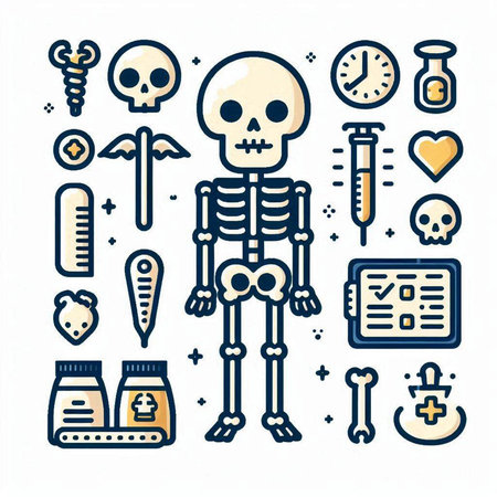 Vector illustration of a flat line design of a skeleton with medical icons.のイラスト素材