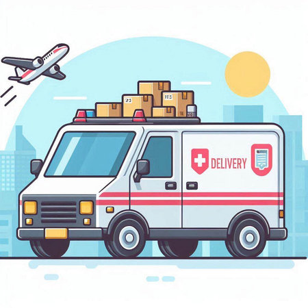 Ambulance and boxes on the background of the city. Vector illustrationのイラスト素材
