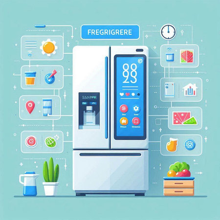 Refrigerator with different icons on blue background. Vector illustration.のイラスト素材