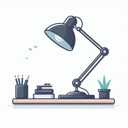 Vector illustration of a desk lamp, books, pencils and plant.のイラスト素材