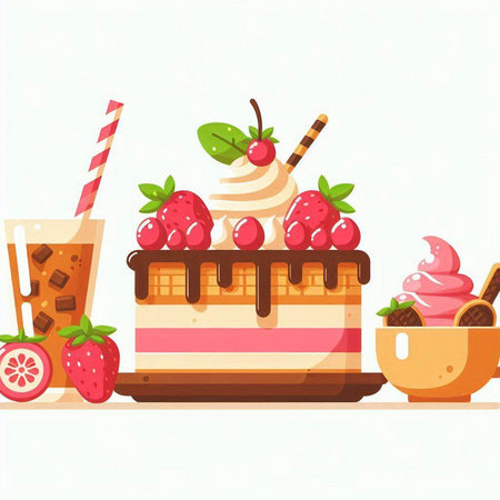 Vector illustration of a delicious cake with strawberries, ice cream and chocolate.のイラスト素材