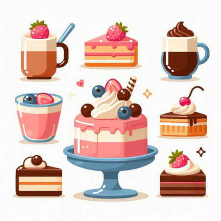 Coffee and cake vector illustration. Set of different sweet desserts.のイラスト素材