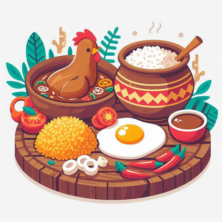 Vector illustration of traditional indian food in bowl with rice, egg and roosterのイラスト素材