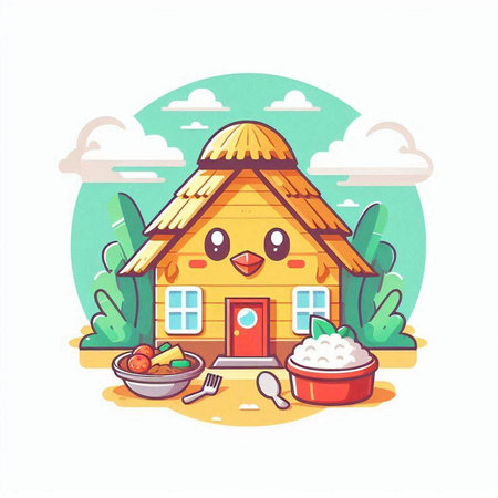 Cute kawaii house with food on white background. Vector illustration.のイラスト素材