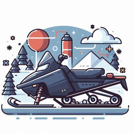 Snowmobile in the mountains at sunset. Vector illustration in retro style.のイラスト素材