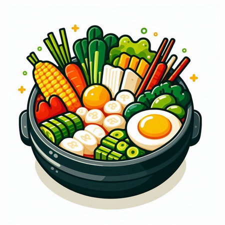 Vegetable soup in black pot with egg and vegetables. Vector illustration.のイラスト素材
