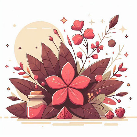 Vector illustration of floral composition with red flowers, leaves and bottle of essential oilのイラスト素材