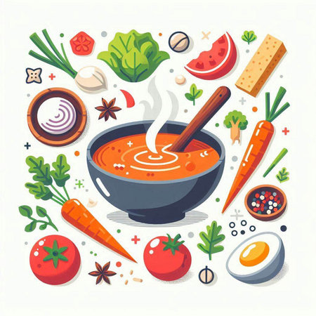 Tomato soup and ingredients. Vector illustration in flat cartoon style.のイラスト素材
