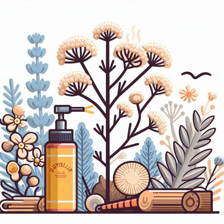 Cosmetic products on the background of a plant. Vector illustration.のイラスト素材