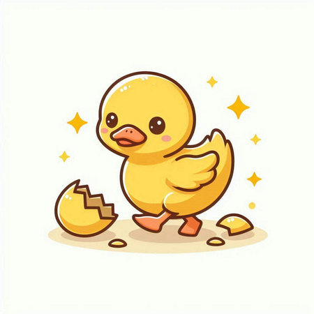 Cute little yellow duckling hatched from an egg. Vector illustration.のイラスト素材