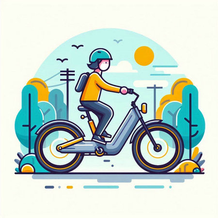 Vector illustration of a man riding a motorbike in the park.のイラスト素材