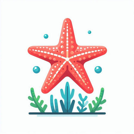 Starfish and seaweed. Vector illustration in flat style isolated on white background.のイラスト素材