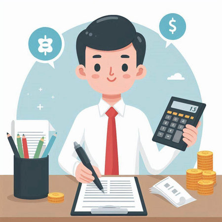Businessman holding a calculator and making calculations. Vector illustration in cartoon style.のイラスト素材