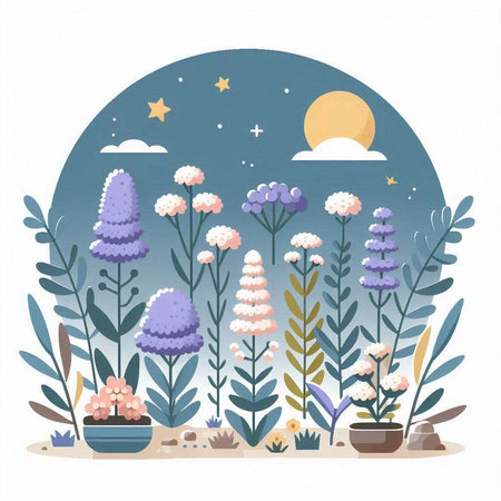Illustration of a garden with flowers, plants, moon and starsのイラスト素材
