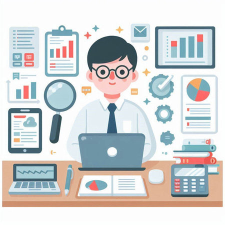 Businessman working on laptop in office. Flat style vector illustration.のイラスト素材