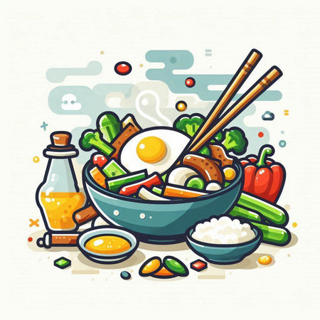 Bowl of noodle soup with vegetables and fried egg. Vector illustration.のイラスト素材