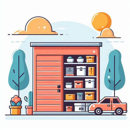 Warehouse or storehouse with storage boxes and car. Vector illustrationのイラスト素材