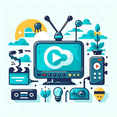 Modern flat design vector illustration concept of media and entertainment. Video player, video player, video recorder, multimedia equipment.のイラスト素材