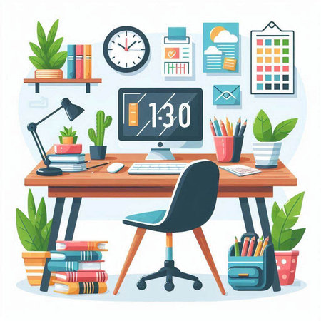Workplace with computer, books, stationery and clock. Flat design vector illustration.のイラスト素材