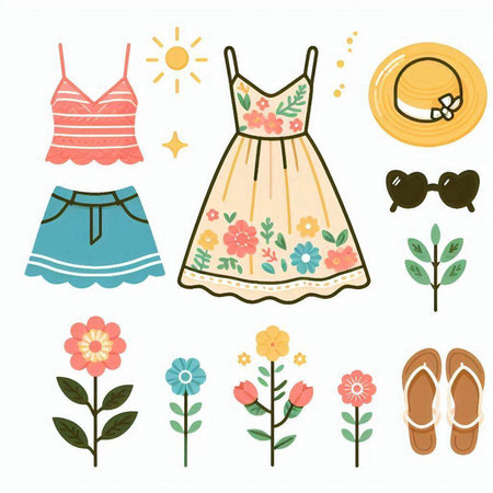 Summer fashion set. Vector illustration. Set of summer clothes and accessories.のイラスト素材